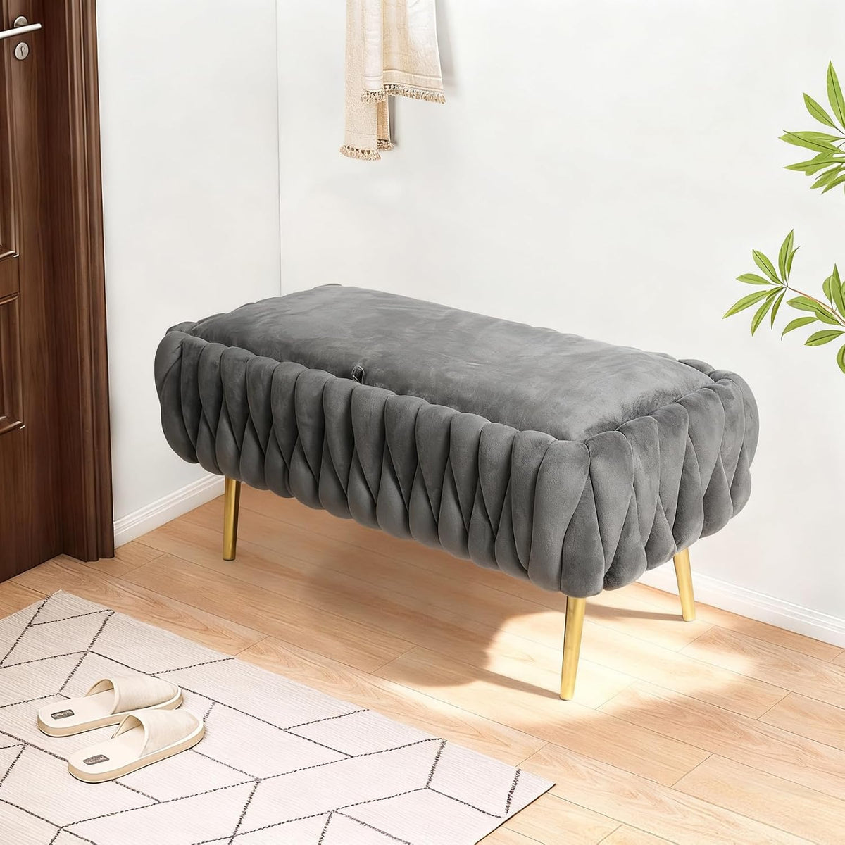 End of Bed Bedroom Storage Bench Upholstered, Hand-Woven Storage Ottoman Bench for Bedroom with Hinged Lid Golden Legs, for Living Room, Entryway Grey
