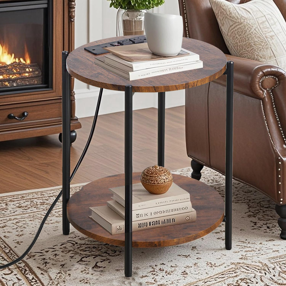 Gawicpy 2 Tier Round Side Table, Folding End Tables Coffee Table Simplistic Sofa Table Waterproof Removable Tray Table Indoor Outdoor Accent Table for Living Room Bedroom (Brown, 1pcs)