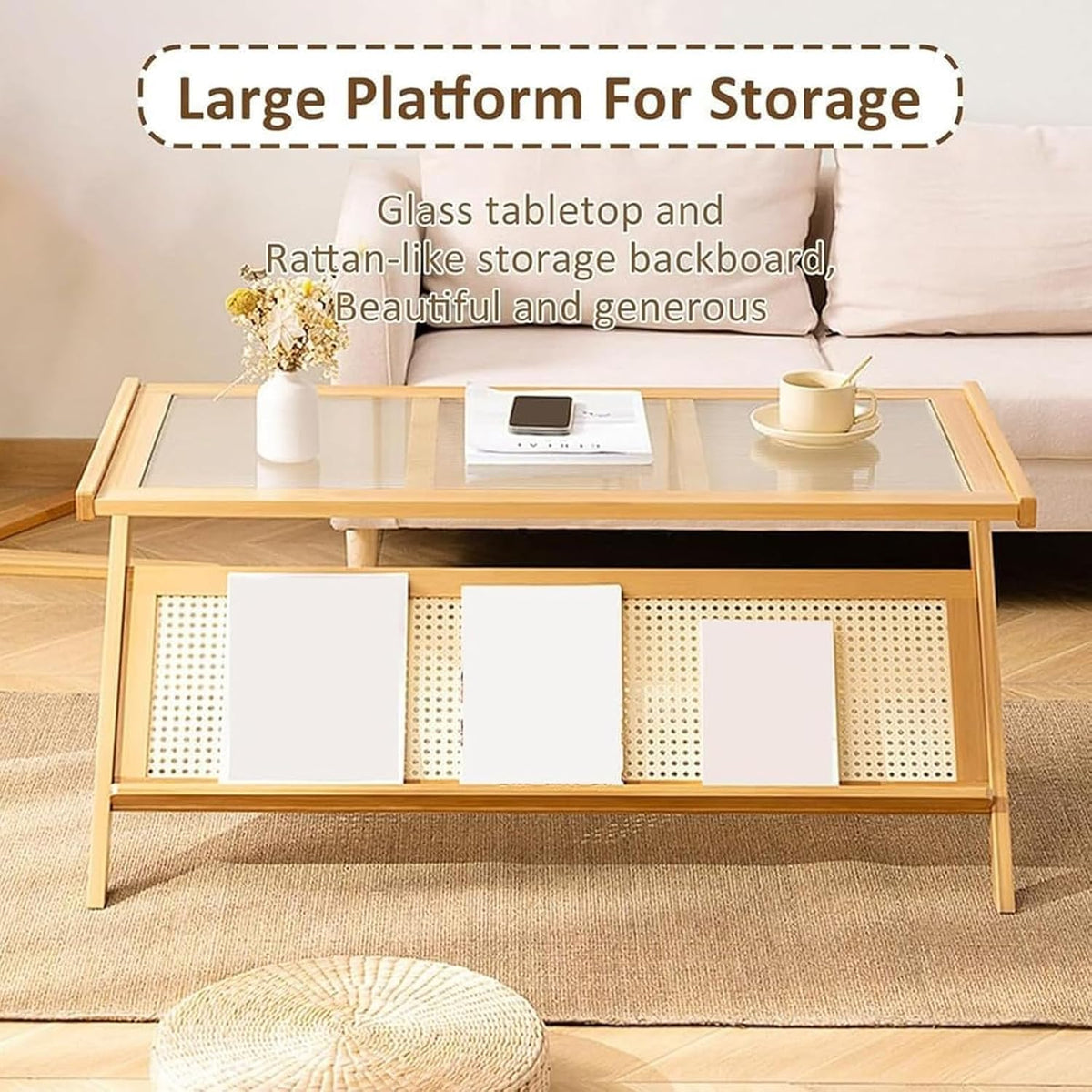 Z Shaped End Table, Wooden Coffee Tables with Storage,Boho Wooden End Table,Side Tables Living Room with Glass Top & Magazine Rack for Bedroom,Couch,Small Space,Yellow,45 * 37 * 56cm