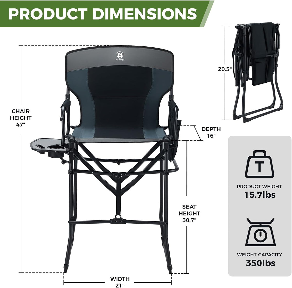 EVER ADVANCED Portable 30.7" Seat Height Tall Folding Camping Chair Directors Chair High Foldable Bar Stool with Side Table for Makeup Artist, Sports Event, Craft Show, Supports 350LBS