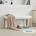 44‘’ Entryway Bench, Upholstered Button End of Bed Bench, Vintage Bench with Carving Pattern Wood Legs, Vanity Foot-Stool, White