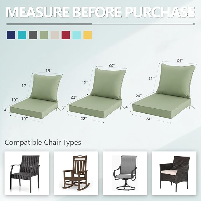19x19 Inch Patio Chair Cushions Set of 2, Outdoor Furniture Cushions - Removable Cover, Water-Repellent, Fade-Resistant, Non-Slip Bottom & Straps, Replacement for Lawn, Porch & Deck Chair - Sage Green
