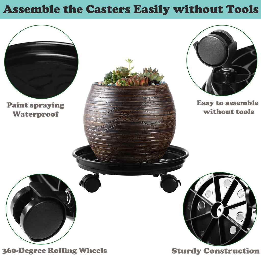 6 Packs Plant Caddy with Wheels 11.8" Plastic Rolling Plant Dolly Coasters Heavy-Duty Wheeled Planter Mover Rollers Indoor Outdoor Wheeled Flower Pot Base Suacers with Casters, Black