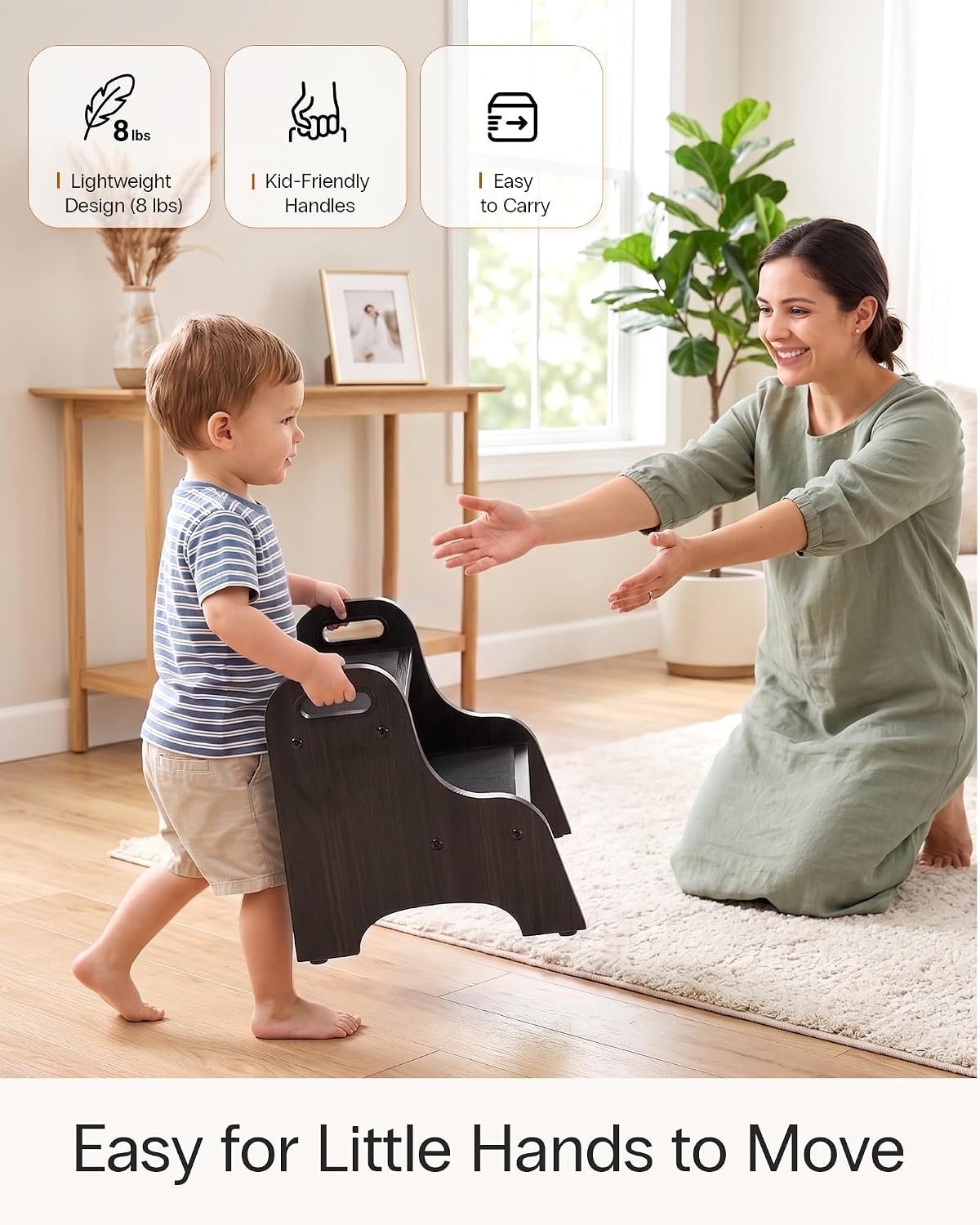 StrongTek Wooden 2 Step Stool, 350 lb Capacity, Non-Slip, Espresso | Wide Non-Slip Surface, Portable Handles, Stable Support for Sink, Potty Training, Kitchen, Bathroom and Bedside