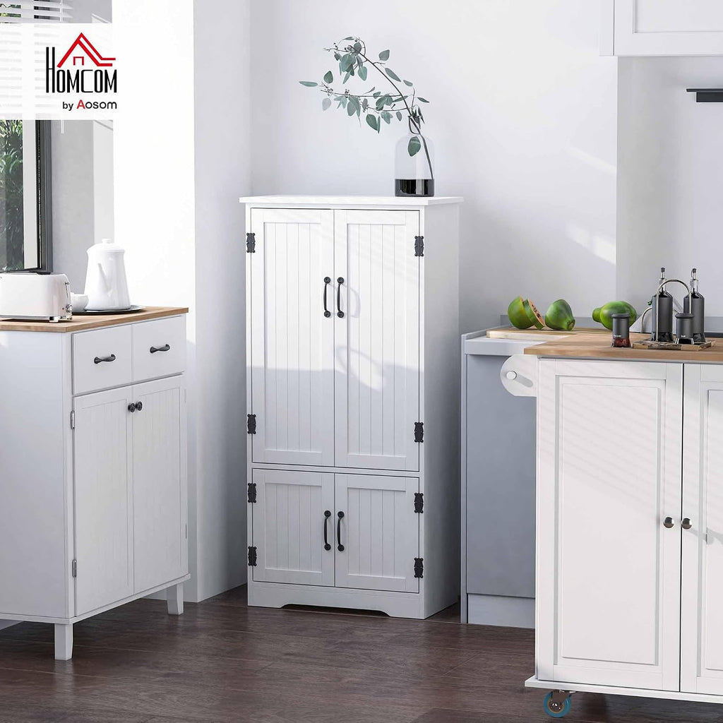 HOMCOM 48.5" Kitchen Pantry Cabinet with 2 Adjustable Shelves and 4 Beadboard Doors, Compact Farmhouse Kitchen Storage Cabinet for Dining Room, White