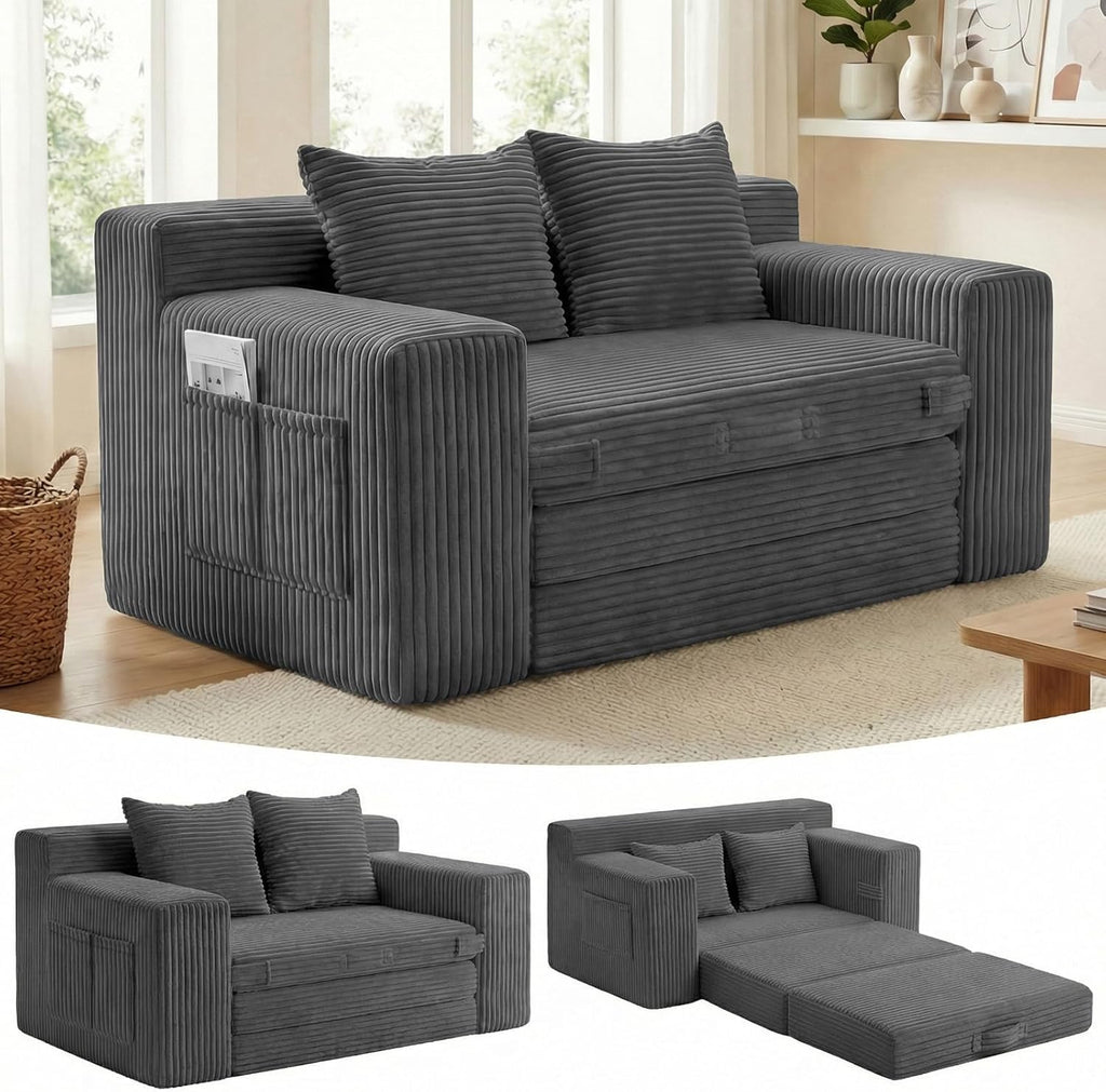 Couch, Loveseat Sleeper Sofa Bed – 3-in-1 Convertible Couch Bed with Side Pockets & Handle,Pull Out Corduroy Futon for Small Space,Living Room & Bedroom,2 Pillows Included,No Assembly