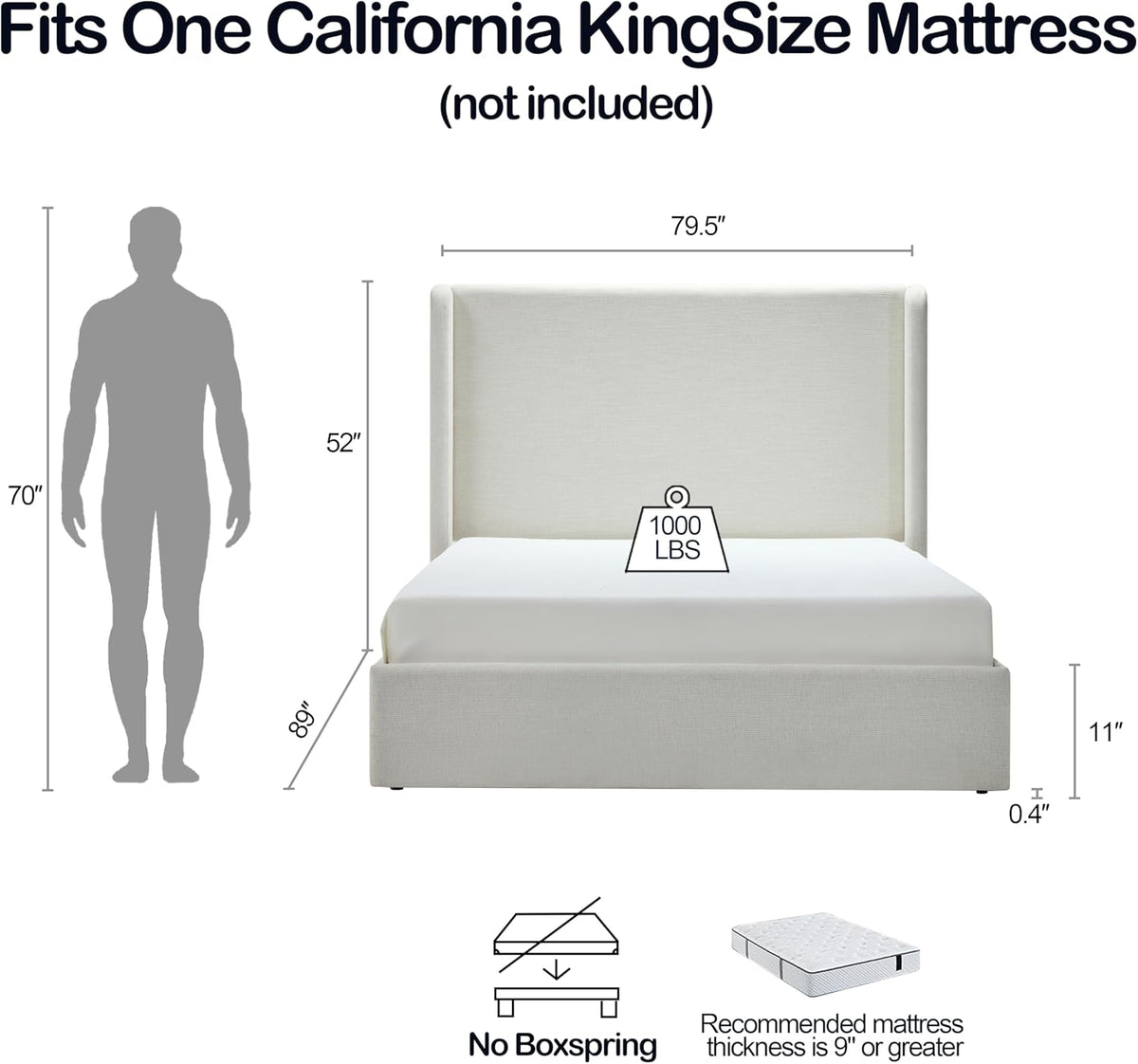 52" Extra-Tall Wingback Bed Frame California King - Luxury Textured Ivory Canvas Chenille Upholstered Platform Bed, 1000lbs Heavy Duty, Box Spring Not Required (California King)