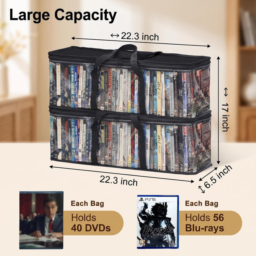 2-Pack Clear Blu-ray/DVD Storage Bags with Zipper & Handles | 56 Blu-ray/40 DVD capacity, Handles, for Movies/Games Storage