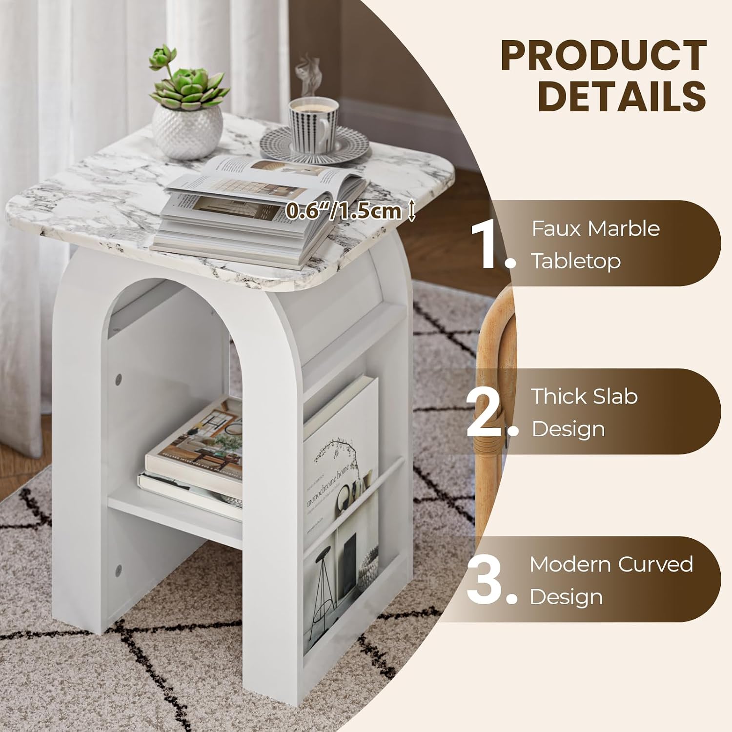 FIMELLO 19" End Table Set of 2 with Marble Top, Modern Arched Night Stand Nightstands with RGB Lighting, Bedroom Nightstand, Side Table with Storage for Living Room & Bedroom