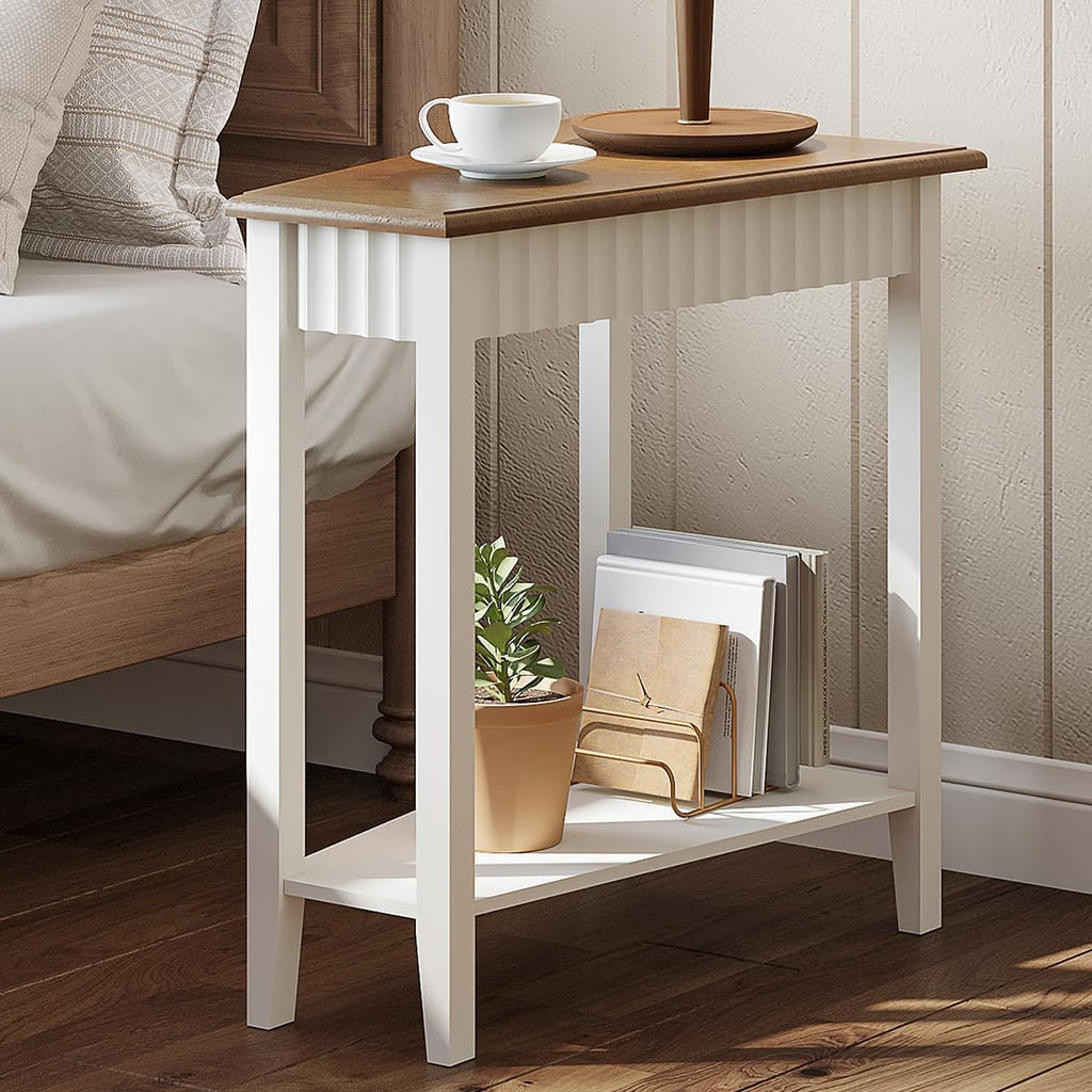 ChooChoo Wedge End Table, Narrow Triangle Side Table with 2-Tier Storage Shelf, Fluted Recliner Side Table for Corner, Living Room, Bedroom, Small Space, White