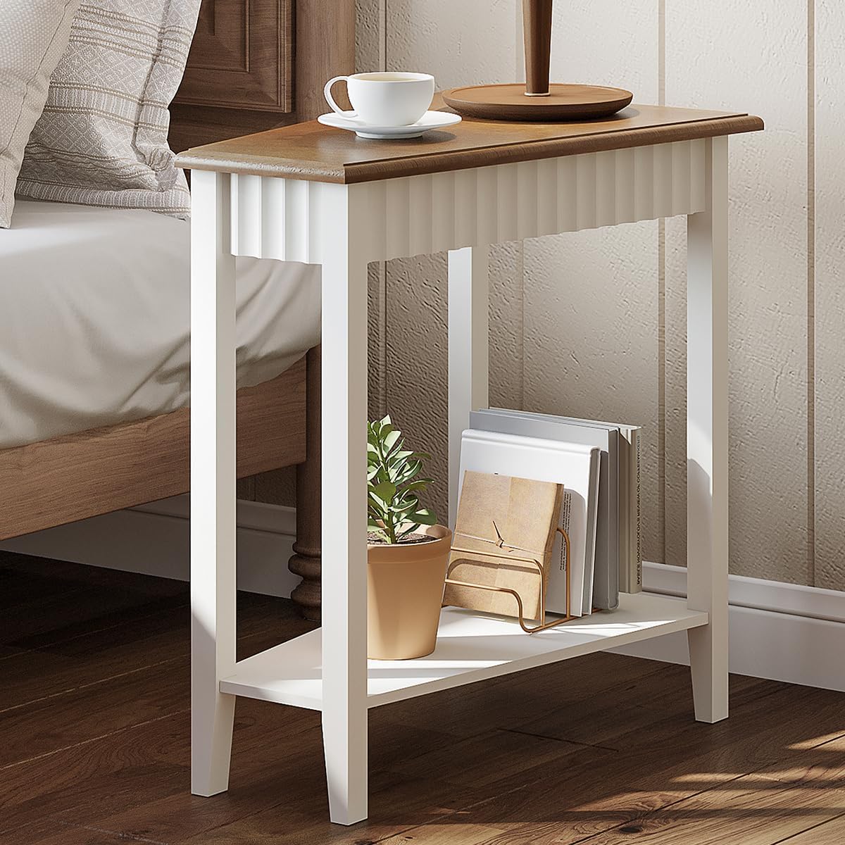 ChooChoo Wedge End Table, Narrow Triangle Side Table with 2-Tier Storage Shelf, Fluted Recliner Side Table for Corner, Living Room, Bedroom, Small Space, White