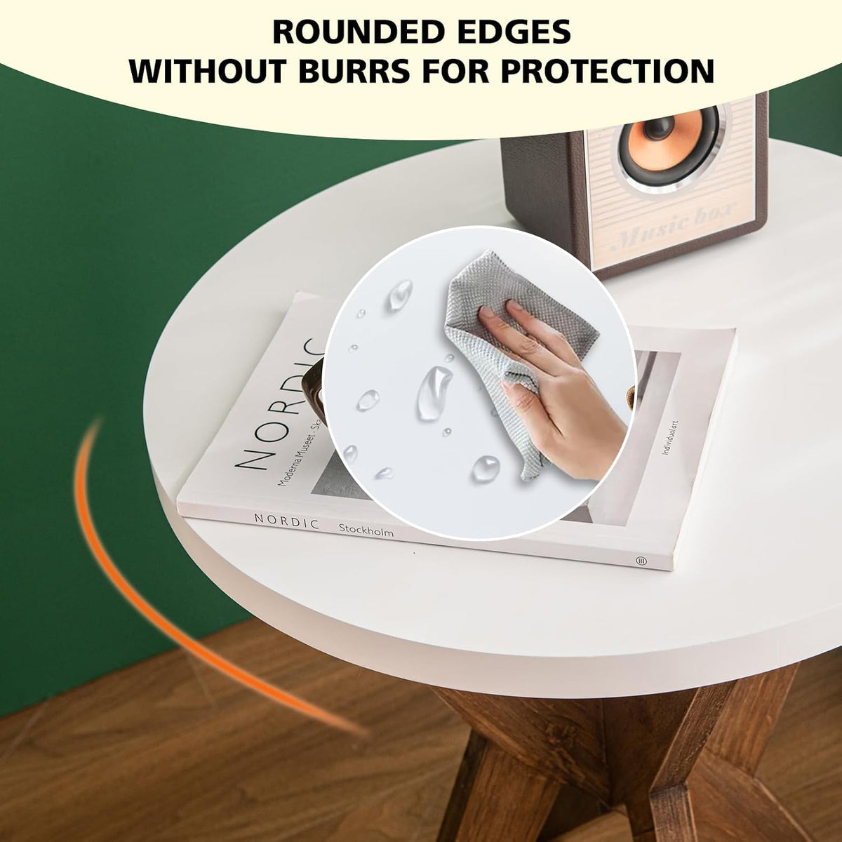 Ahokua Modern Round End Table with Smooth White Top and Crossed Walnut Legs, Minimalist Accent Table for Living Room, Balcony, or Small Spaces, Easy Assembly Bedside Table, White Walnut