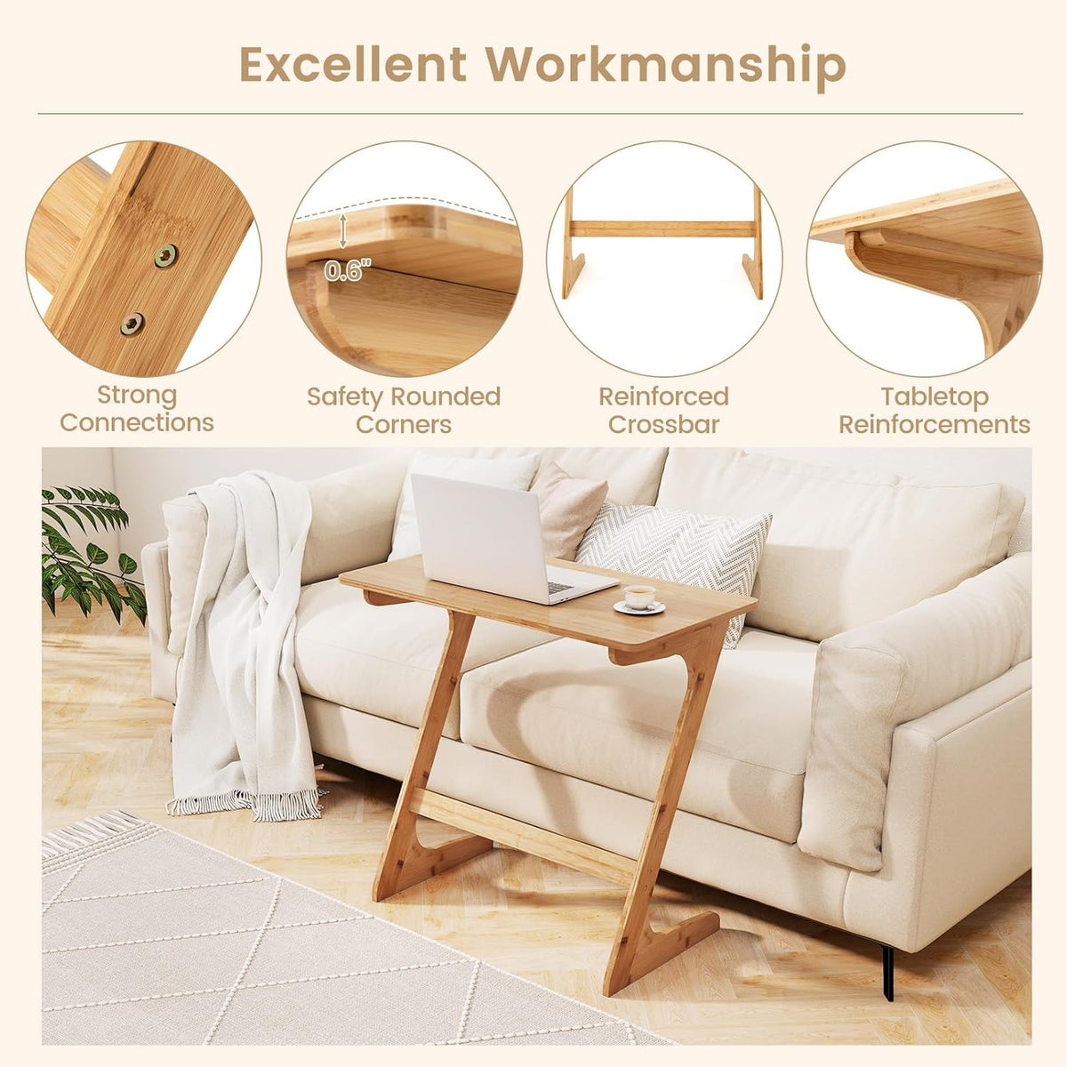 Giantex Bamboo TV Tray Table Set of 2, Z Shaped Sofa Side Table for Eating Snacks Coffee Laptop, Modern TV Dinner for Small Spaces Living Room Bedroom, Natural