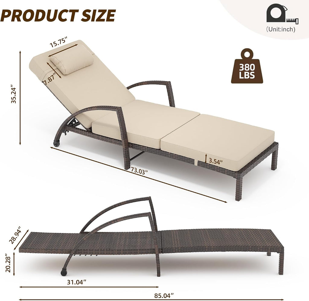 GarveeLife 2-Piece Rattan Patio Folding Chaise Lounge, 5-Position Adjustable Backrest Outdoor Lounge Chair with Cushion and Pillow for Poolside, Backyard, Deck, Porch, Beige