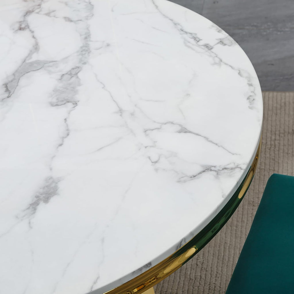 Henf Luxury Round Dining Table for 4-6 White Gold 45" Faux Marble Kitchen Table with Mirrored Stainless Steel Legs, Contemporary Modern Circle Dining Room Table (Table Only)