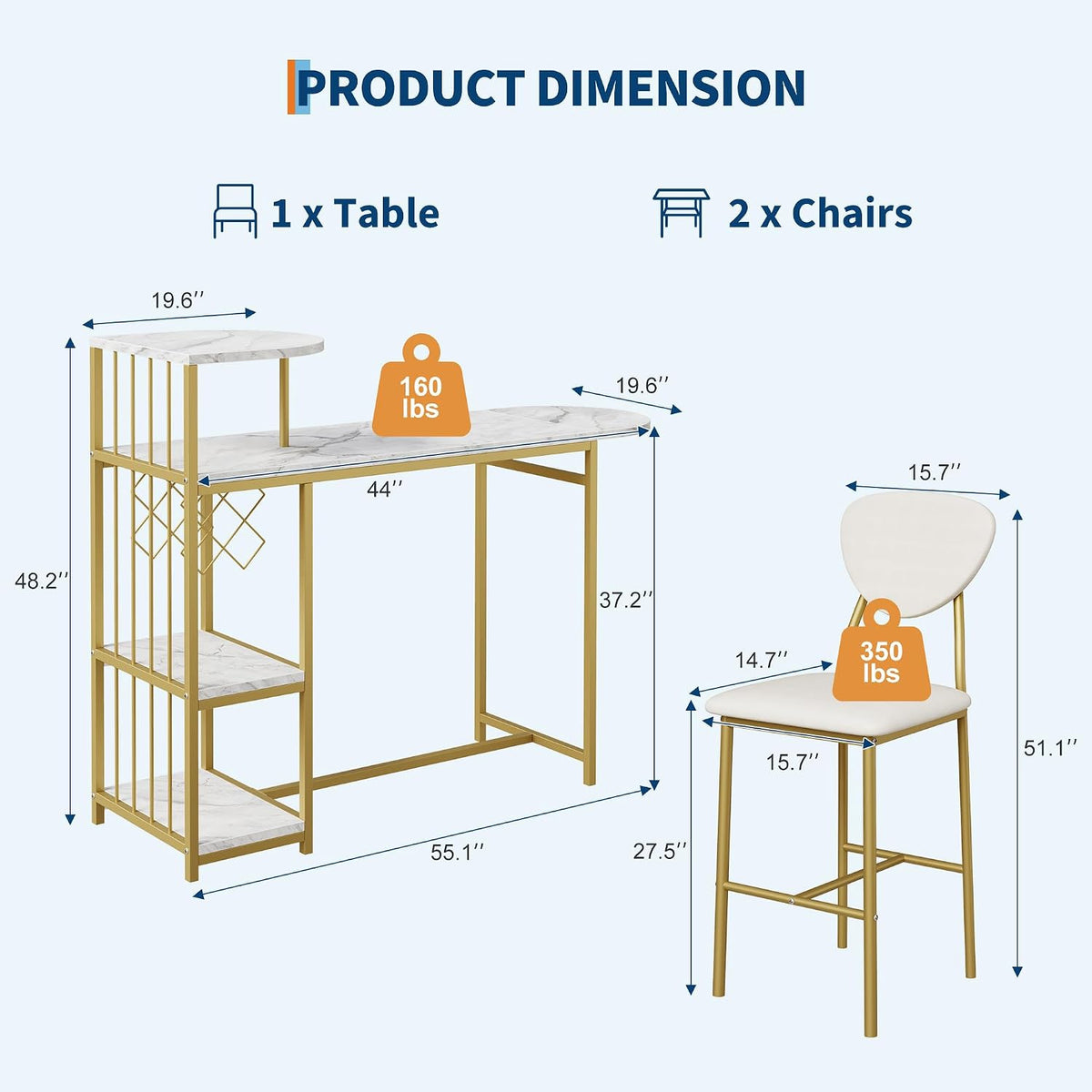 Garvee Dining Table Set for 2, 3-Piece Expandable Bar Table and Chairs Set | Bar Table and Chairs Set with Storage Shelves and Wine Rack, Small Kitchen Dining Set for Living Room, Apartment