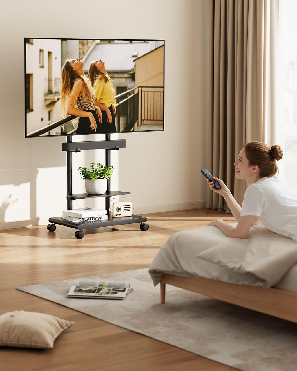 Rolling TV Stand with Soundbar Mount for 37-75inch TVs up to 154lbs | Swivel&Tilt Mobile TV Stand with Large Storage,Height Adjustable,Steel Base,Max VESA 600x400mm,Sturdiness,Easy Assembly,Black