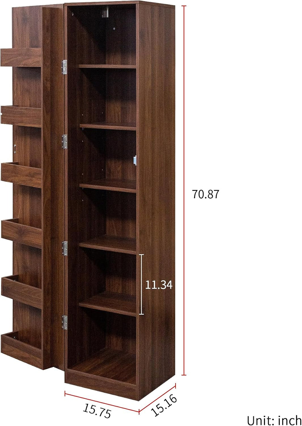 70" Tall Slim Pantry Cabinet with Side Racks & Adjustable Shelves (Walnut) | Space Saving Freestanding Slim Narrow Cabinet Single Door with Shelves & Racks for Kitchen Dining Room Small Spaces