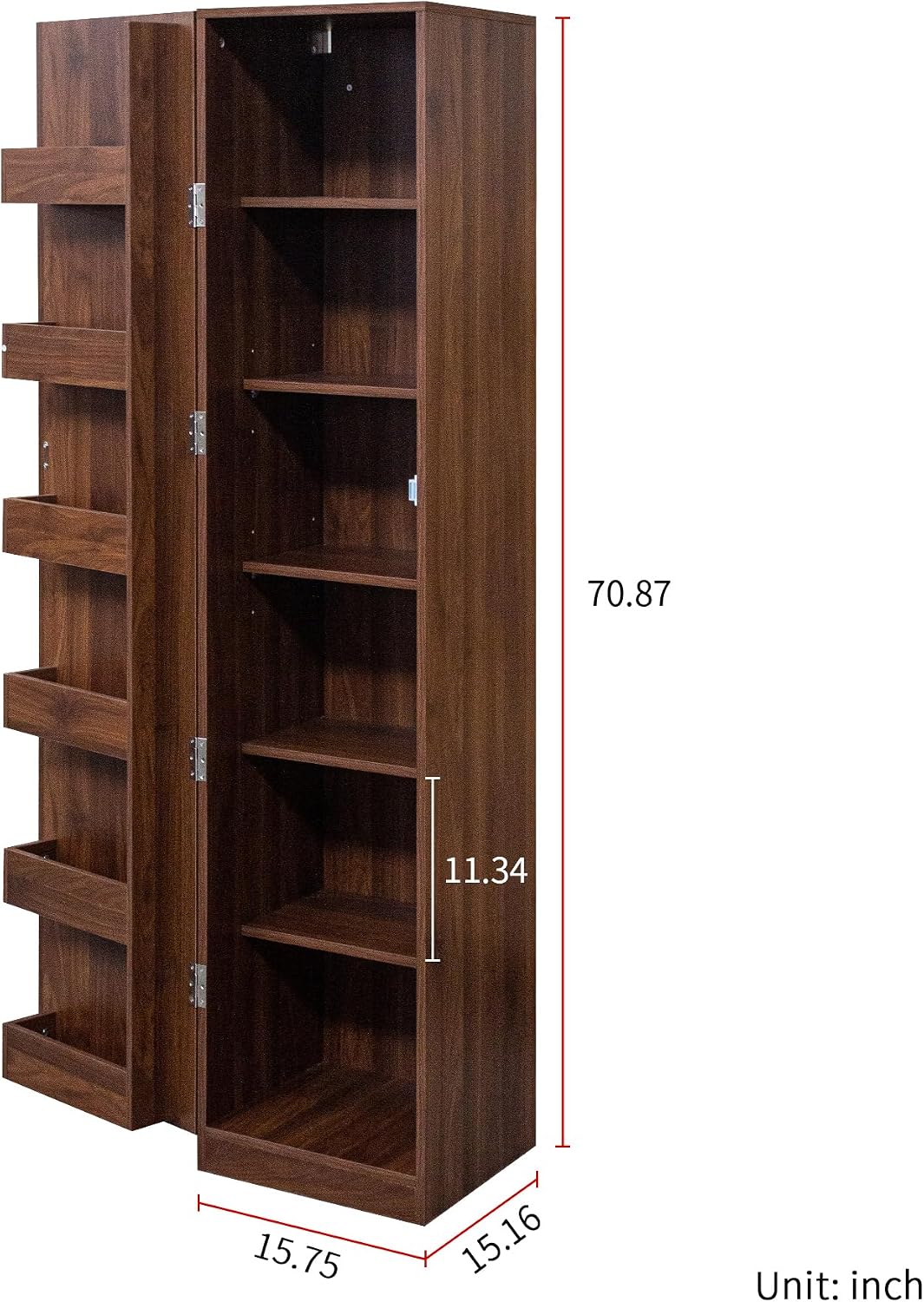 70" Tall Slim Pantry Cabinet with Side Racks & Adjustable Shelves (Walnut) | Space Saving Freestanding Slim Narrow Cabinet Single Door with Shelves & Racks for Kitchen Dining Room Small Spaces