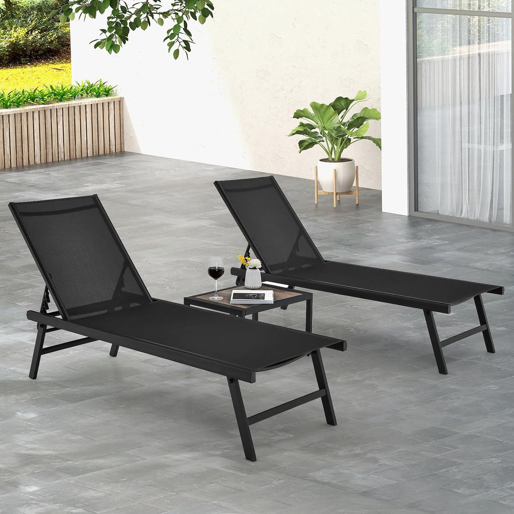 Tangkula 3 Piece Patio Chaise Lounge Set, Aluminum Patio Recliner with Coffee Table, 6-Level Backrest Adjustment, Outdoor Lounge Chair & Side Table Set for Poolside, Backyard (Black)