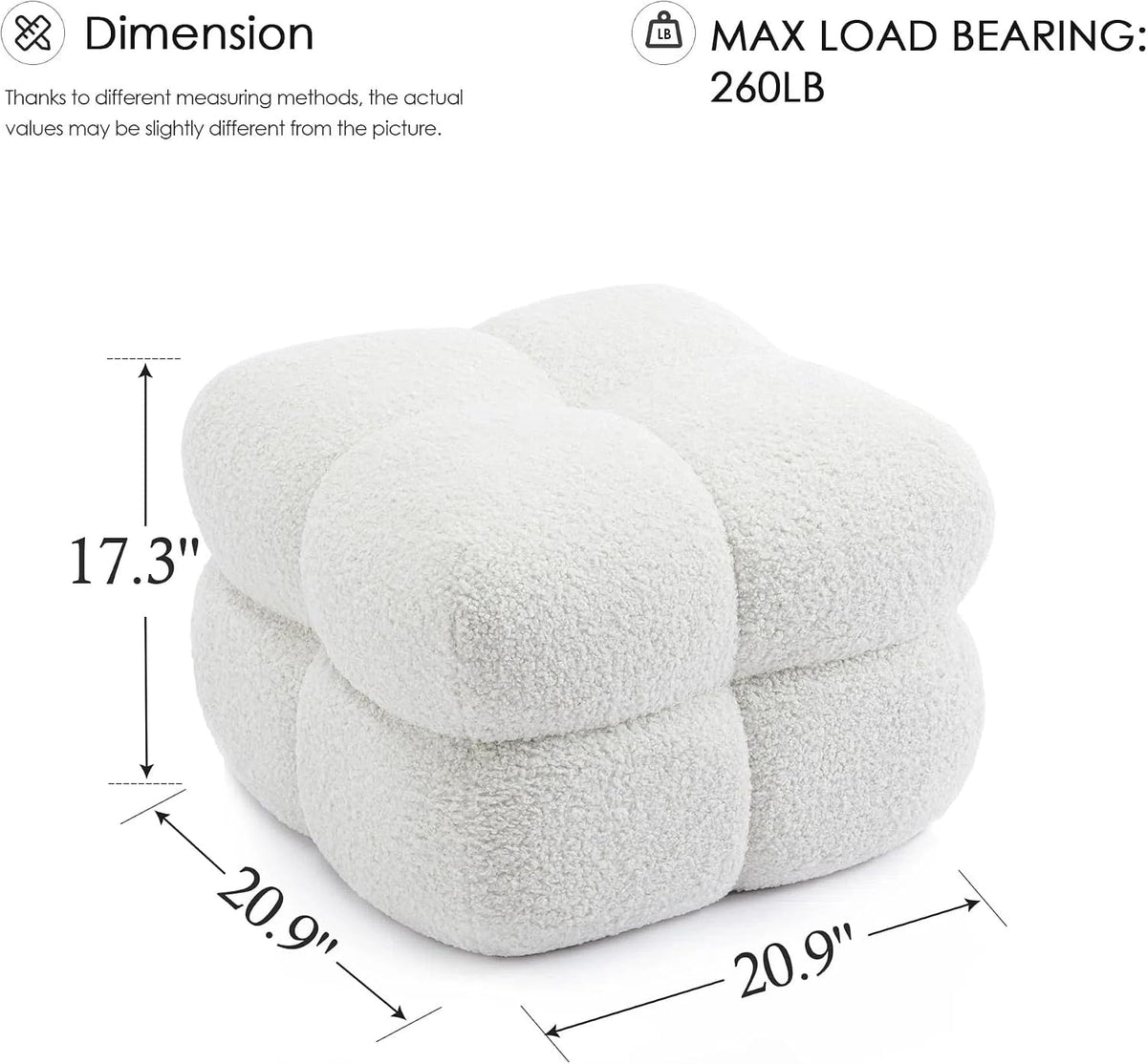 Zesthouse Square Pouf Ottomans Set of 2, Modern Backless Vanity Stool for Bedroom, White Fuzzy Foot Rest for Couch, Upholstered Tufted Footstool, Sherpa Fabric Ottoman Coffee Table for Living Room