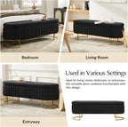 55.5" Velvet Upholstered Storage Bench with Channel Tufted Seat and Metal Legs, Multi-Functional Ottoman with Interior Organizer Pockets for Bedroom and Entryway, Flipping Lid Large Window Bench