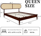 Queen Size Solid Wood Bed Frame, Rattan Boho Headboard, Dark Walnut