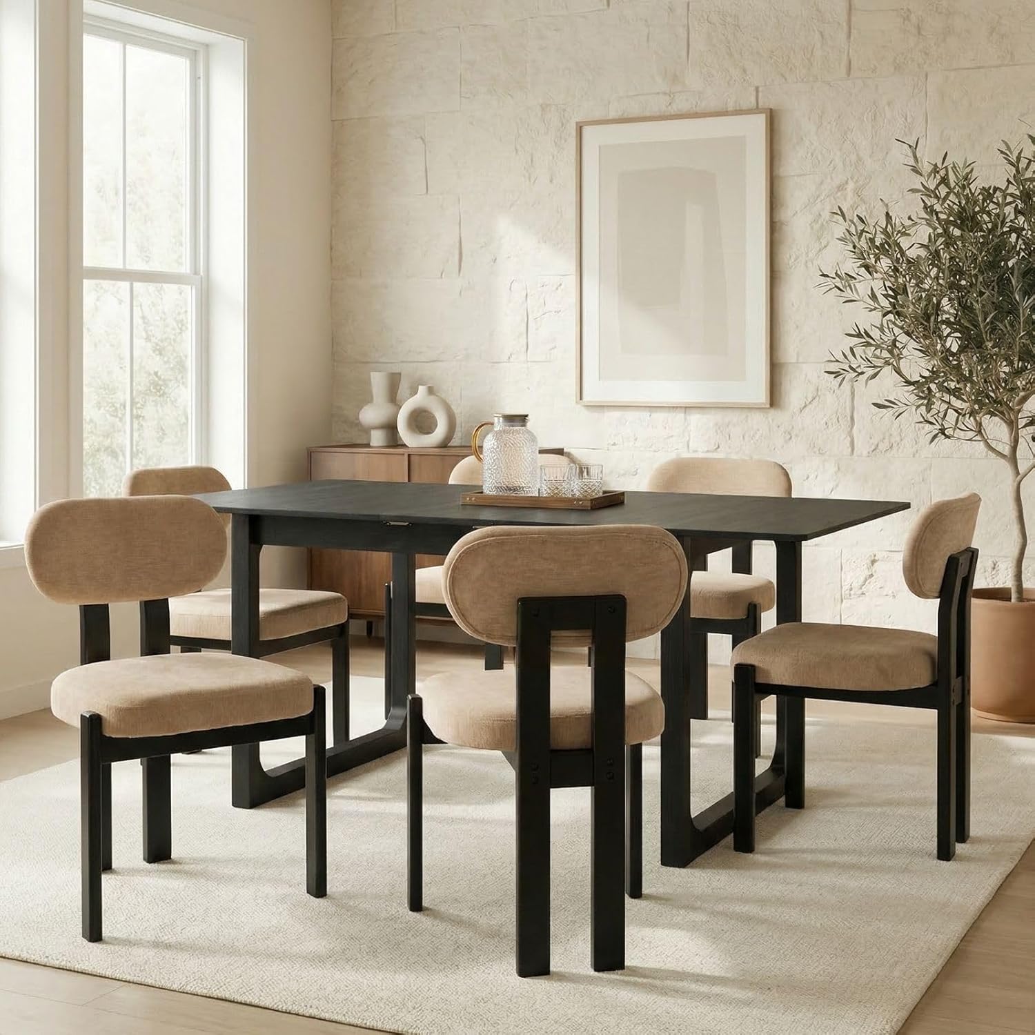 LukeAlon Chenille Dining Chairs Set of 2, Upholstered Armless Kitchen Chairs with Wood Legs Modern Curved Back Side Chairs for Living Room Dining Room Lobby, Light Khaki
