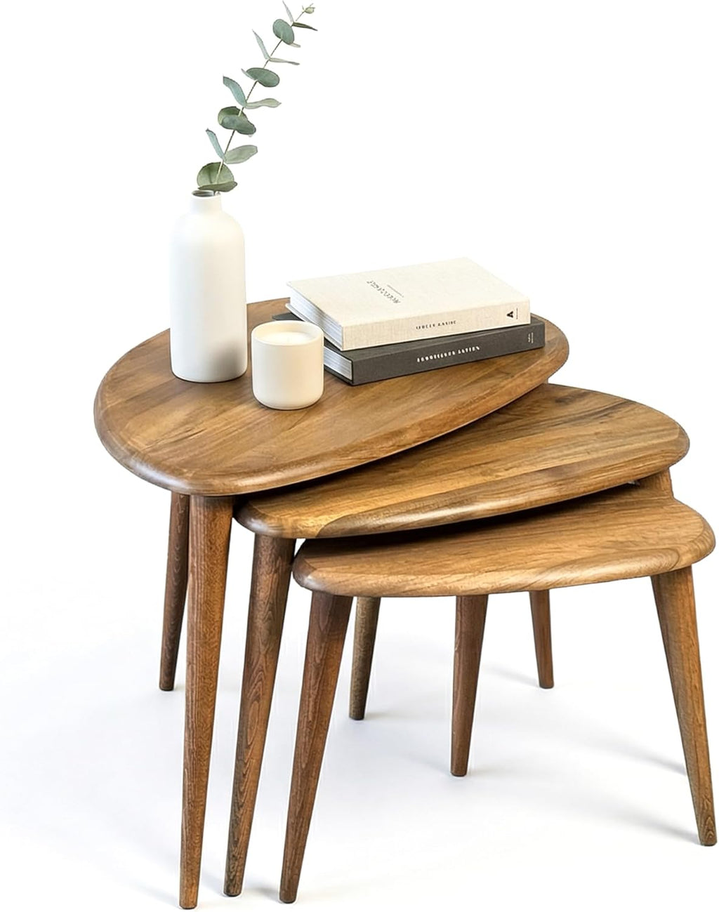 Ultimate Premium Products Solid Nesting Table Set of 3- Walnut Mid Century Pebble Tables with Tapered Legs – Wooden Home Furniture in a Retro Style - Walnut