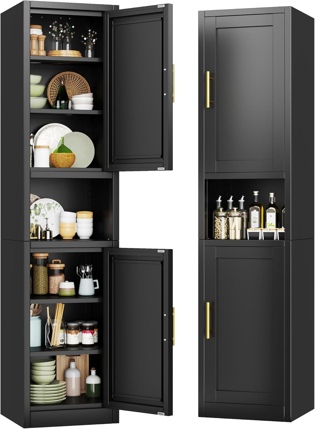 Tokawa 67” Tall Slim Storage Cabinet, 12 Inch Deep x 16 Inch Wide Metal Pantry with Open Middle Shelf, Narrow Kitchen Utility Cabinet with Gold Handles, Black