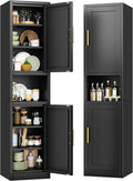 Tokawa 67” Tall Slim Storage Cabinet, 12 Inch Deep x 16 Inch Wide Metal Pantry with Open Middle Shelf, Narrow Kitchen Utility Cabinet with Gold Handles, Black