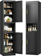 Tokawa 67” Tall Slim Storage Cabinet, 12 Inch Deep x 16 Inch Wide Metal Pantry with Open Middle Shelf, Narrow Kitchen Utility Cabinet with Gold Handles, Black