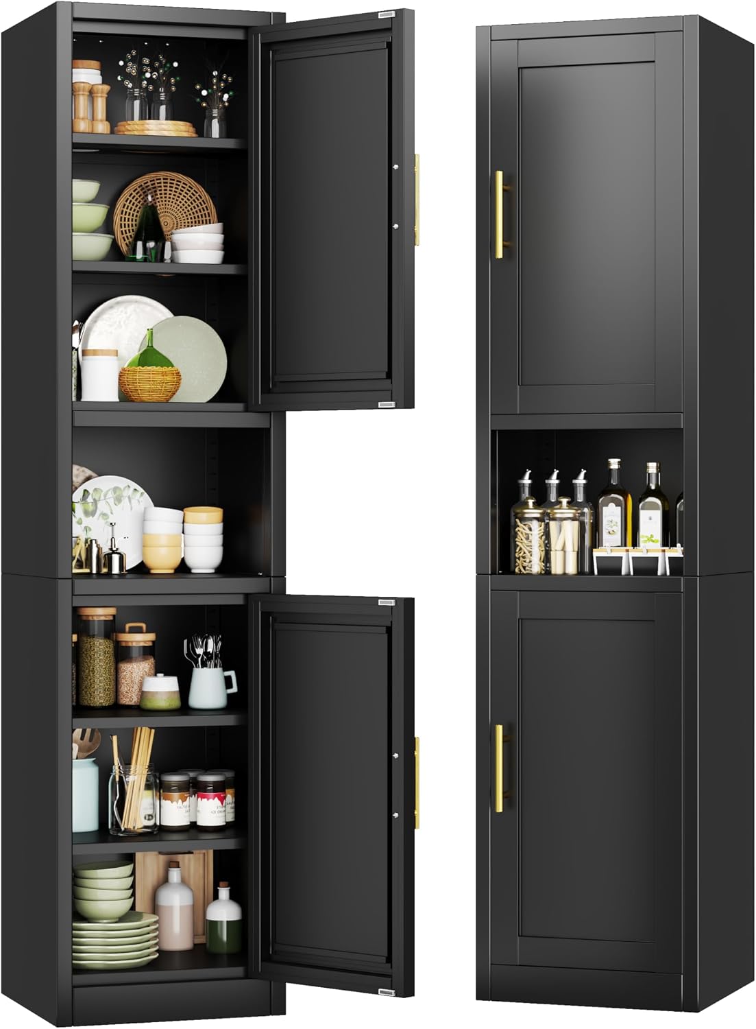 Tokawa 67” Tall Slim Storage Cabinet, 12 Inch Deep x 16 Inch Wide Metal Pantry with Open Middle Shelf, Narrow Kitchen Utility Cabinet with Gold Handles, Black