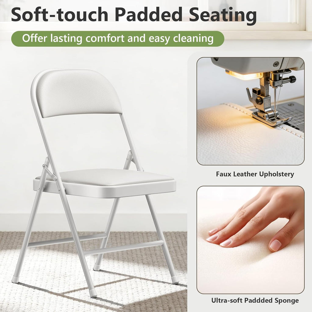 Folding Dining Chairs Set of 4 - Modern PU Leather Folding Chairs with Cushion Seat & Back Metal Legs Kitchen Chairs Folding Chair Set for Kitchen/Living Room/Bedroom/Parties (White)