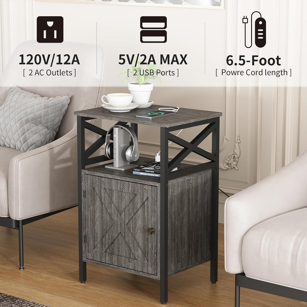 End Table Set of 2 with Charging Station, Side Table with Power Outlet & USB Ports, Nightstand with 2 Tiers Storage Space and Storage Cabinet, Sofa Side Tables for Bedroom, Living Room,Office, Grey