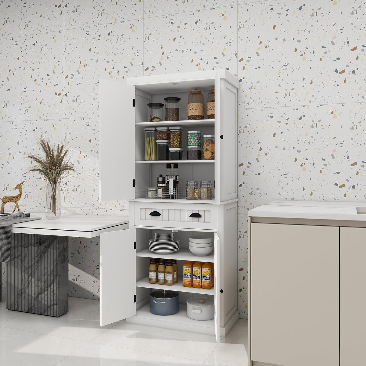 71.61" Kitchen Pantry Cabinet, Tall Storage Cabinet with 4 Doors and 1 Drawer, Freestanding Wood Kitchen Cabinet Cupboard with Adjustable Shelves for Kitchen, Dining Room, Living Room, White A
