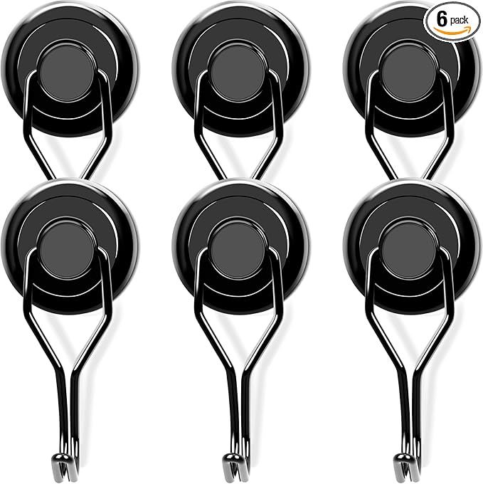 MIKEDE 110 LBS Black Magnetic Hooks, 6 Pack Swivel Swing Magnet Hooks Heavy Duty, Strong Neodymium Magnets Hanger for Hanging, Grill, Cruise Cabins - 32mm(1.26in) in Diameter
