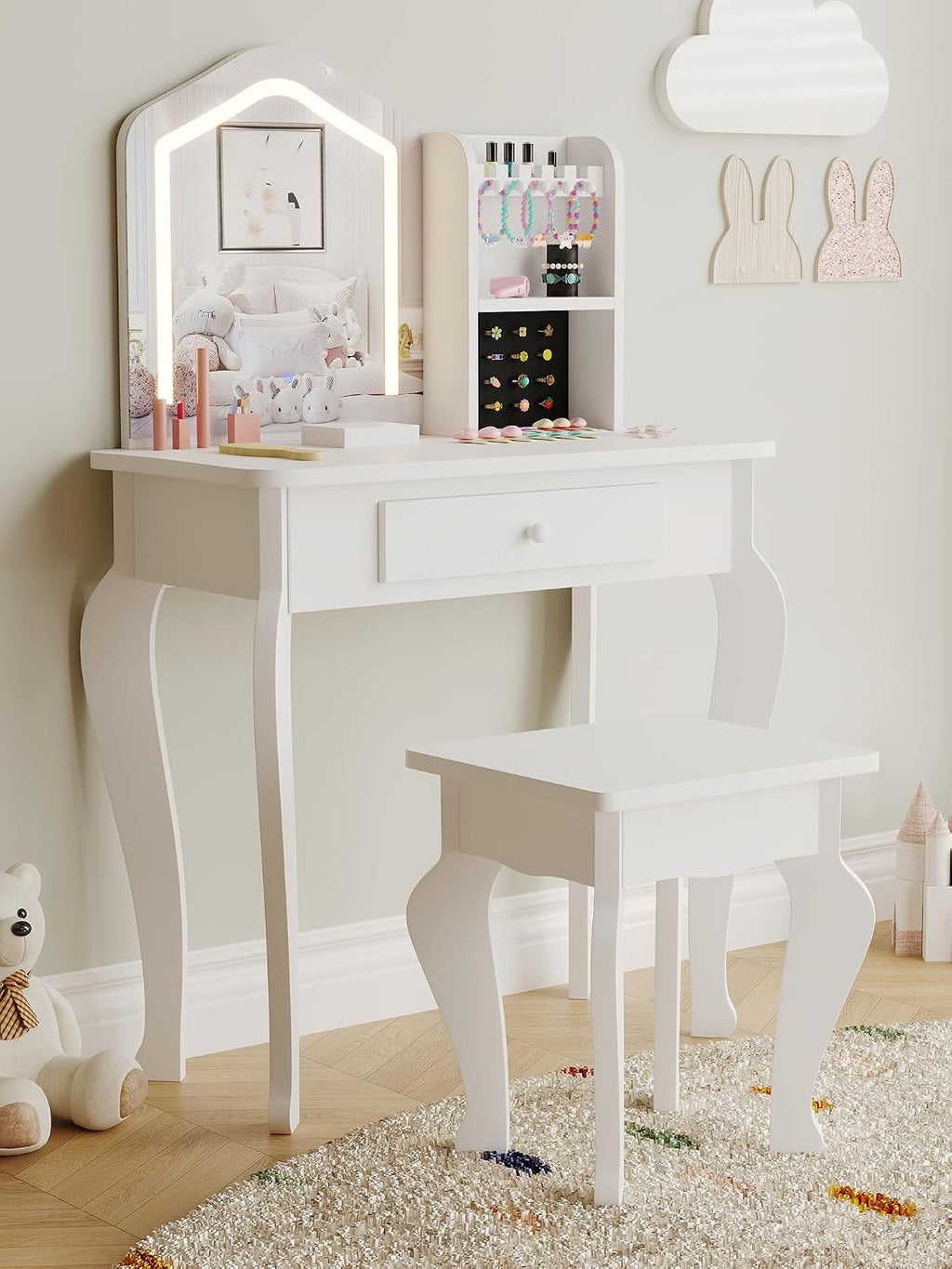 Kids Vanity with Lighted Mirror | Toddler Vanity Table and Chair Set, Girls Makeup Playset, White