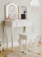 Kids Vanity with Lighted Mirror | Toddler Vanity Table and Chair Set, Girls Makeup Playset, White