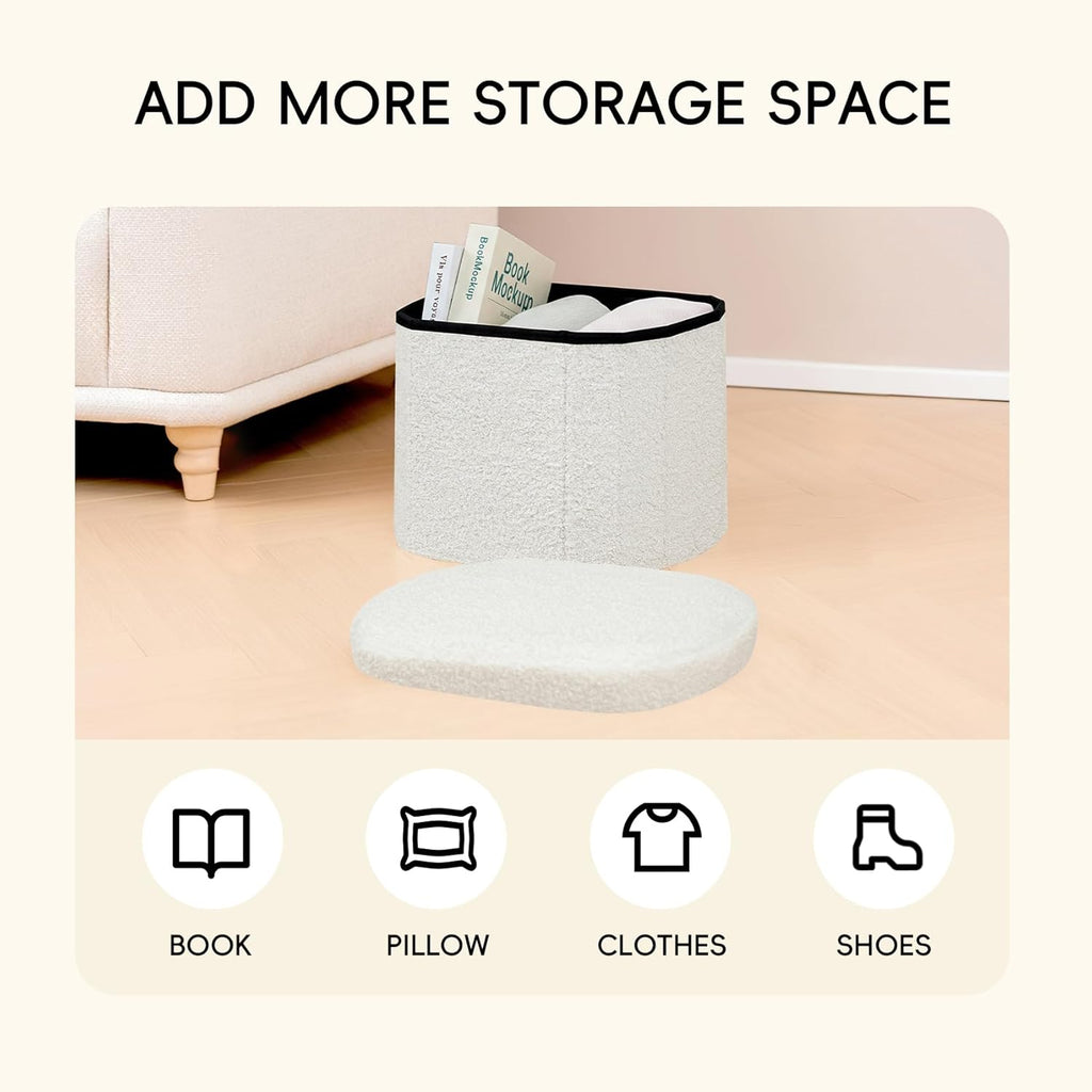 PINPLUS Storage Ottoman Boulce Tufted Oval Small Ottomans Bench Foot Rest with Storage, 16.1"x12.2"x12.2" (White)