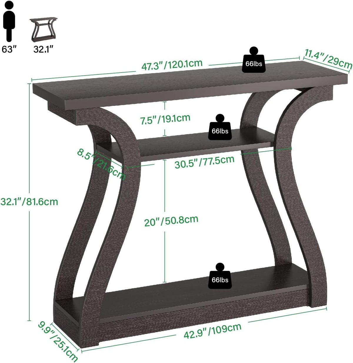 47" Narrow Console Table, Entry Table with Curved Legs, Sofa Table | Wood Console Table 3-tier Shelf Modern Accent Sofa Table for Entrance Area, Living room, Hallway (Brown)