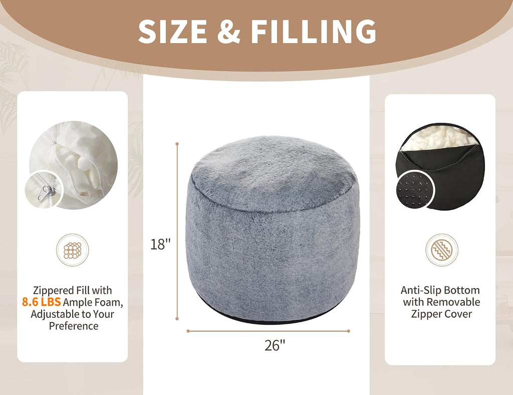 WSOFRLAC Ottoman Foot Rest,Large Round Ottomans Pouf Couch,Dark Gray26x18in | Tall Ottoman, Stuffed Foot Rest for Couch, Furry and Fluffy Foot Stool Ottomans, Floor Poufs For Living Room, Sofa
