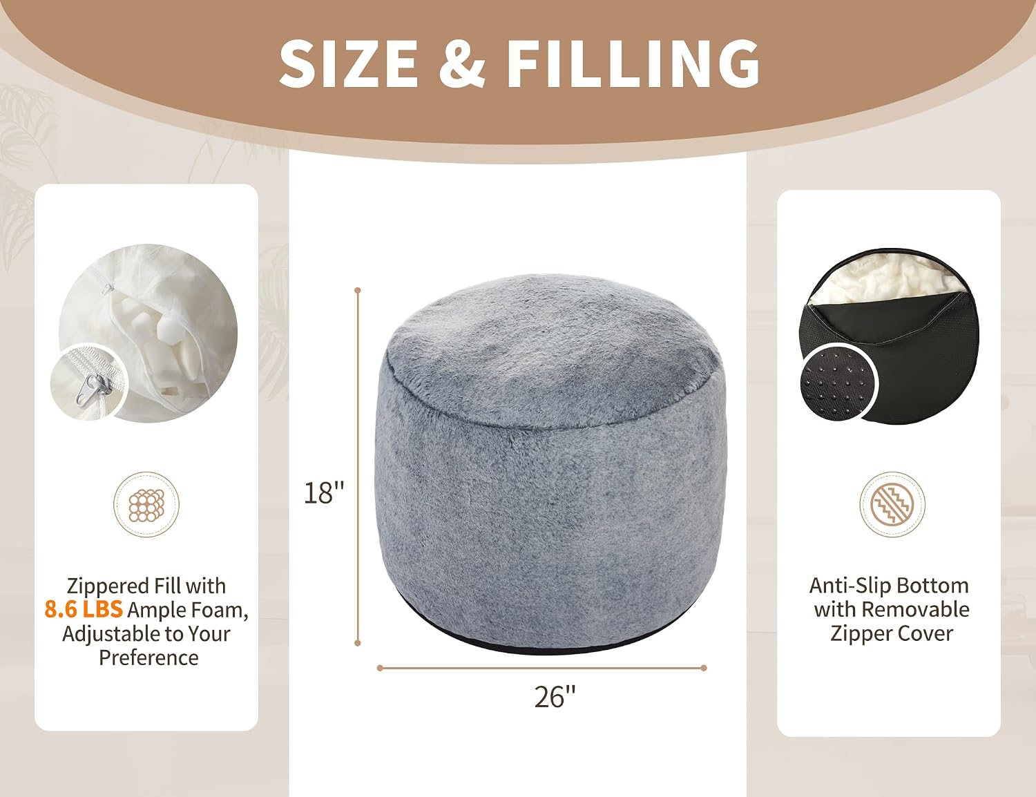 WSOFRLAC Ottoman Foot Rest,Large Round Ottomans Pouf Couch,Dark Gray26x18in | Tall Ottoman, Stuffed Foot Rest for Couch, Furry and Fluffy Foot Stool Ottomans, Floor Poufs For Living Room, Sofa