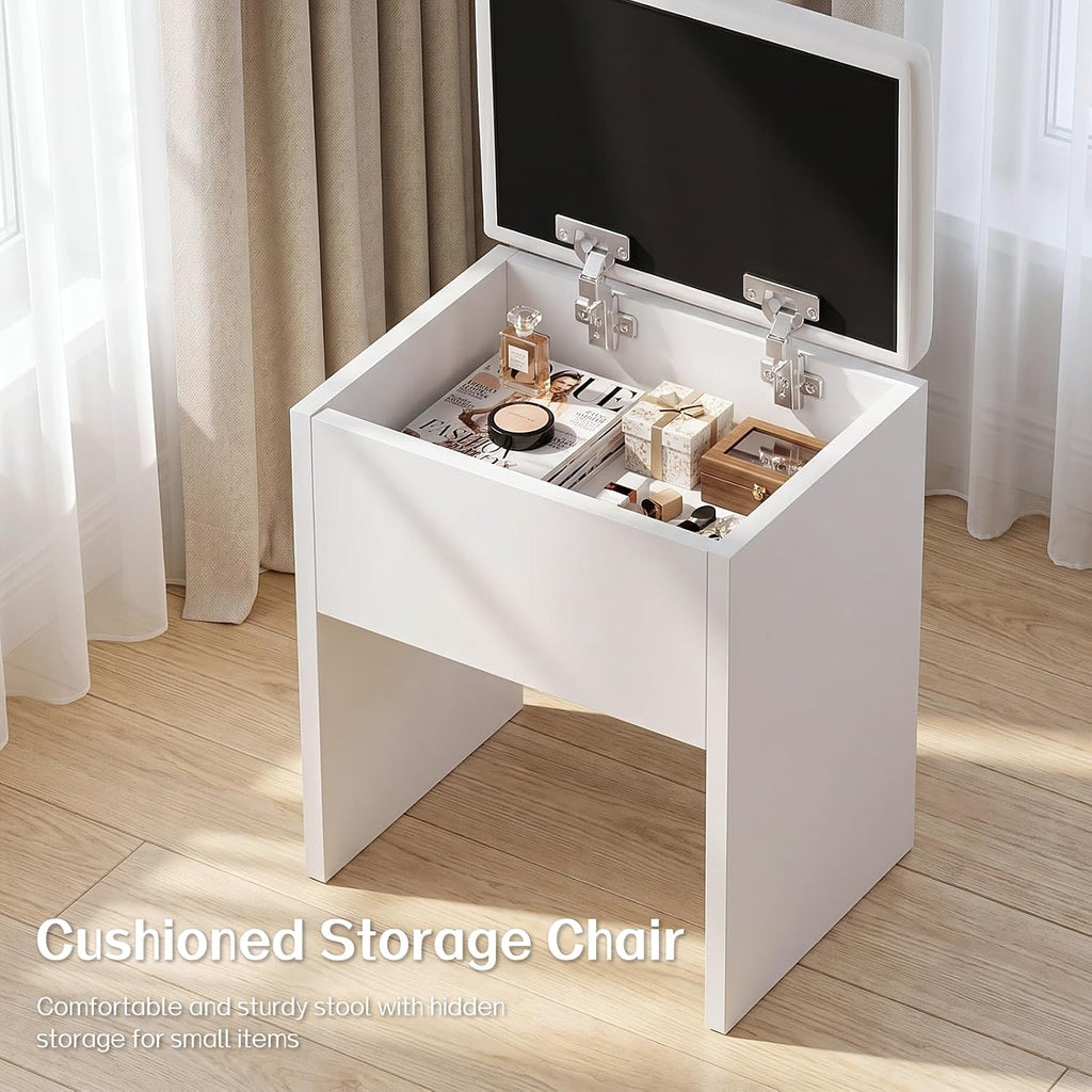 FUXA Vanity Desk with Lighted Mirror, Charging Station and Chair, White | Storage Drawers, Cabinet, Shelves, 3 Light Modes, Foldable Top, Easy-Clean, for Bedroom