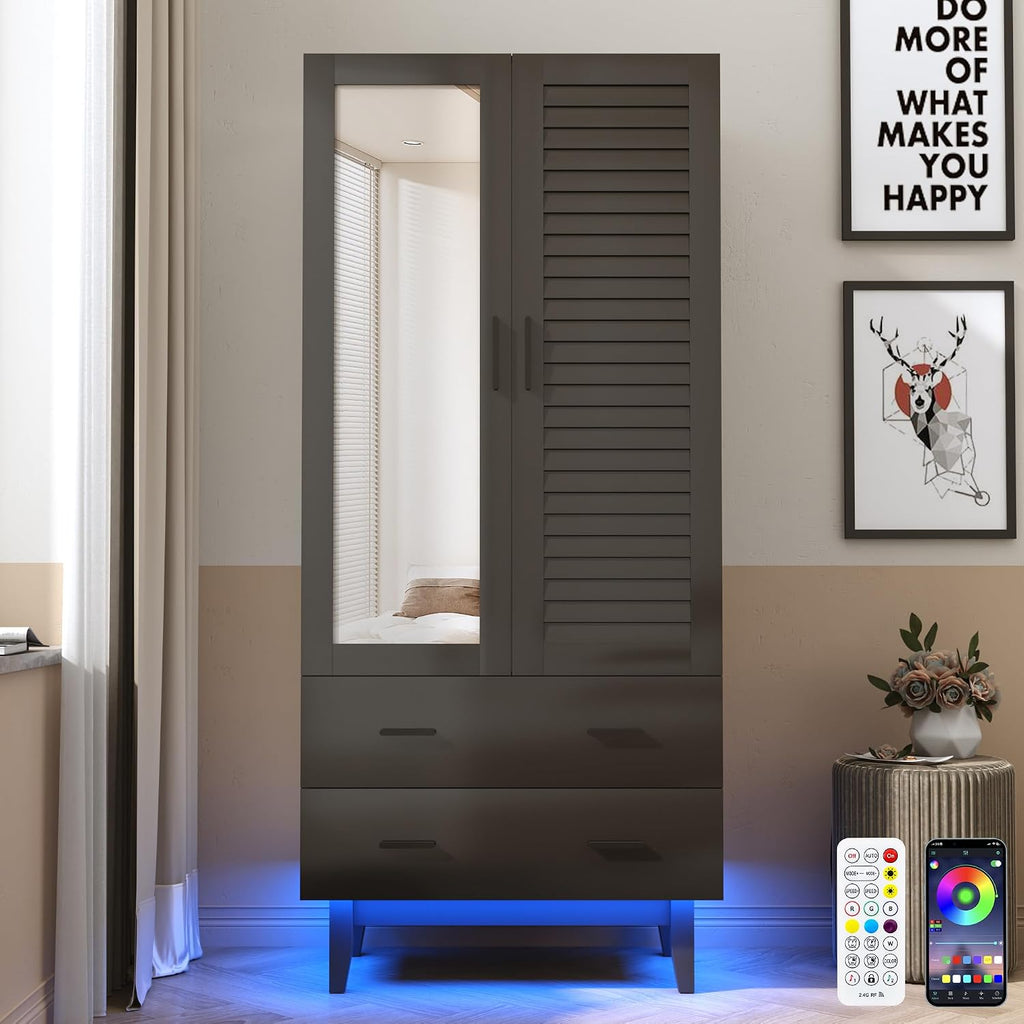 Hlivelood 2 Door Armoire Wardrobe Closet Cabinet with Mirror, Drawers and LED Lights, Multi-Tier Shelves, Hanging Rod & 2 Louver Doors, Large Capacity Storage Wardrobe Armoire for Bedroom, Black