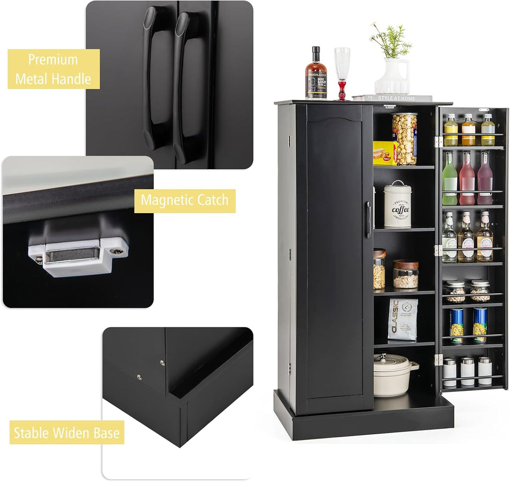 GiantexUK Kitchen Cupboard, Wooden Buffet Pantry Cabinet with 17 Shelves and 2 Doors, Multifunctional Storage Organizer for Living Room Dinning Room (Black, 60 x 40 x 120cm)