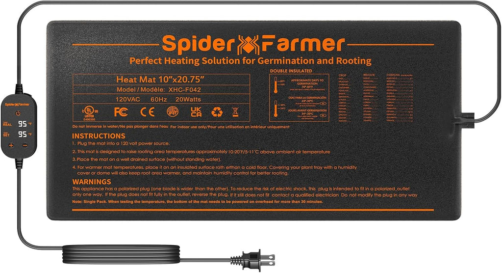 Spider Farmer Seedling Heat Mat 10"x20.75" with Built-in Temperature Controller Waterproof Plant Heating Pad for Indoor Seed Starting Germination Hydroponics