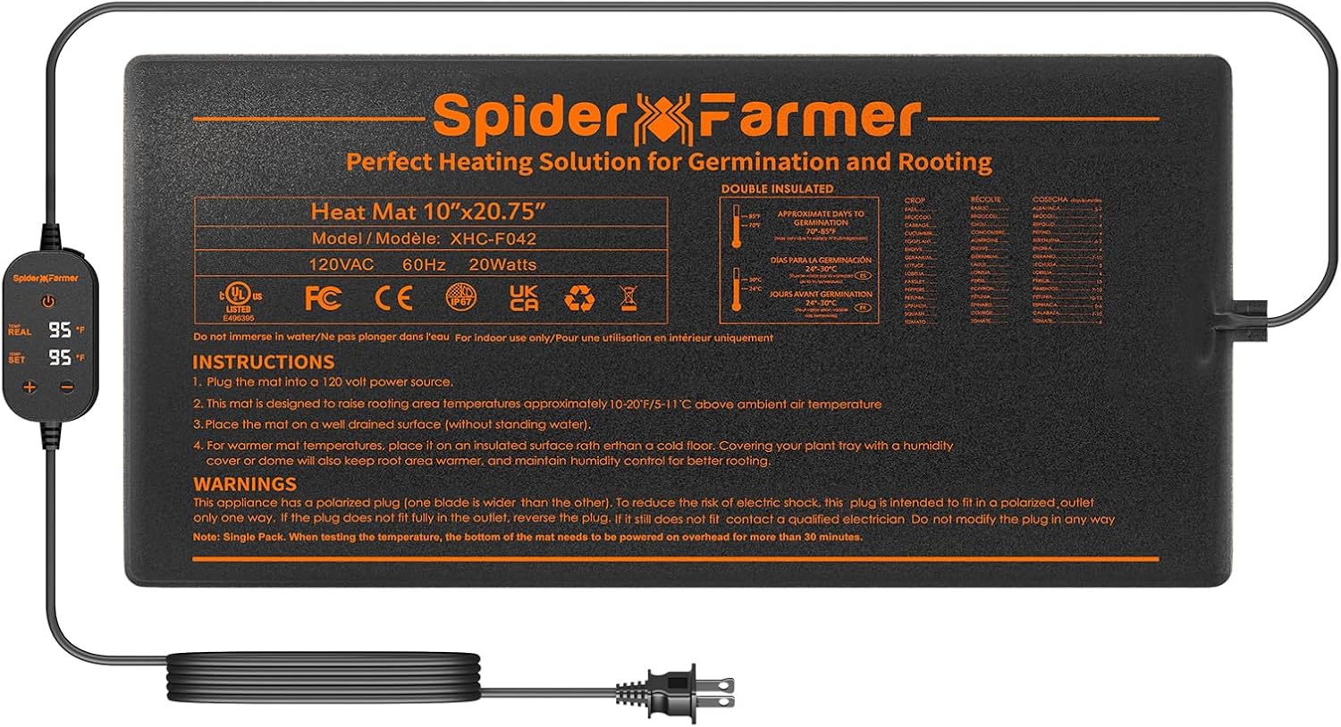 Spider Farmer Seedling Heat Mat 10"x20.75" with Built-in Temperature Controller Waterproof Plant Heating Pad for Indoor Seed Starting Germination Hydroponics