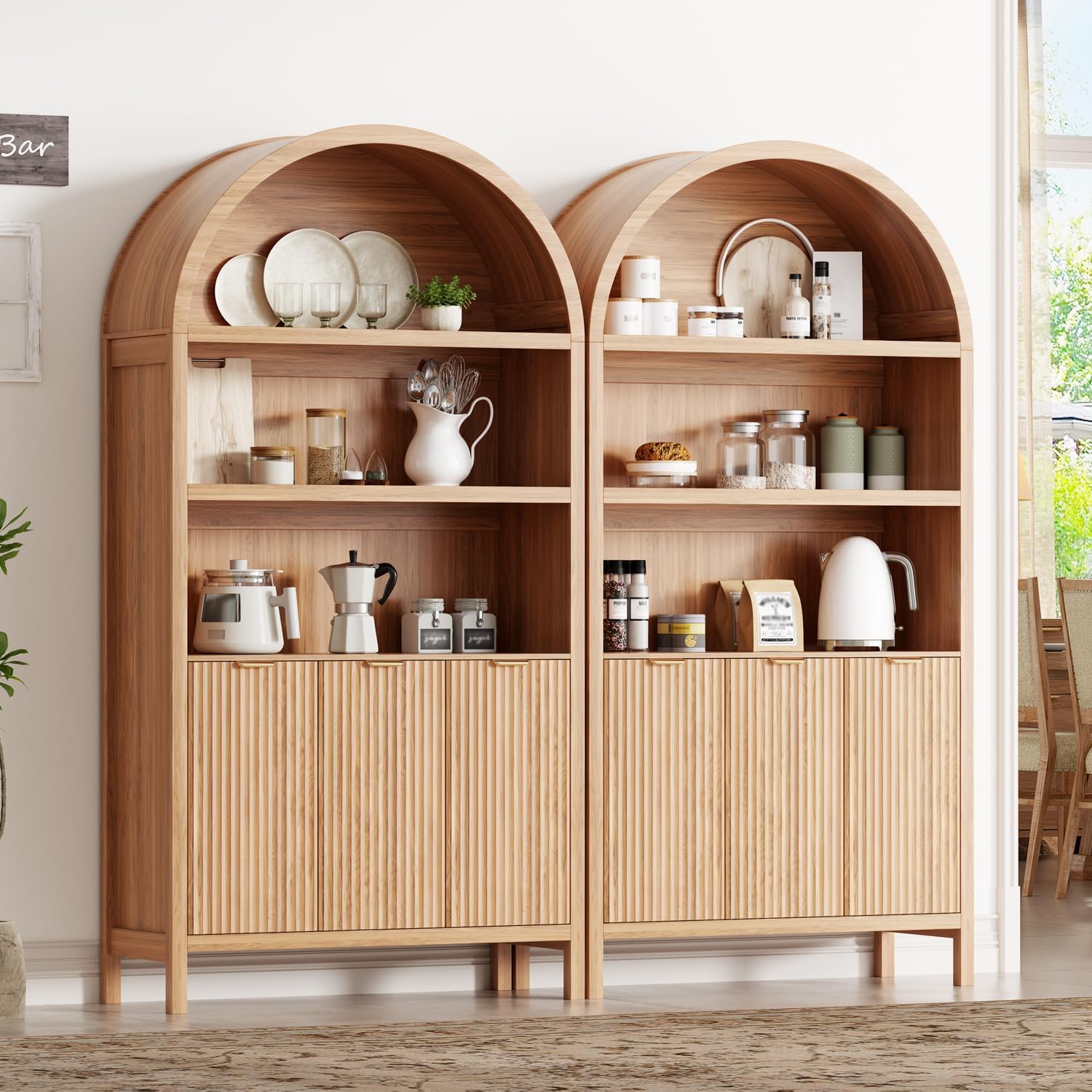 Ieejdn 71.34" Tall Arched Kitchen Pantry,Modern Fluted Wood Storage Cabinet with Doors,Adjustable Shelves,Organizer, Versatile Cupboard for Kitchen,Living Room,Dining Room,Bathroom,Natural