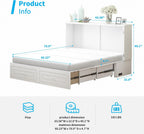 Mjkone Murphy Cabinet Bed Queen Size White No Mattress | with Tri-Folding Mattress, 2 Storage Drawers & USB Charging Station, Wooden Wall Chest Bed